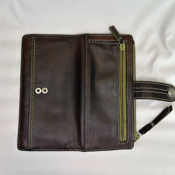 Share Vintage FOSSIL Brown Soft Leather Bifold Wallet Green Lining Snap & Zip CL - Picture 11 of 13